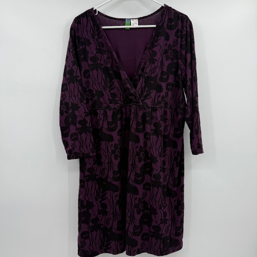 Sahalie Dress Women XL Purple Black Floral 3/4 Sleeves V Neck Cotton Modal